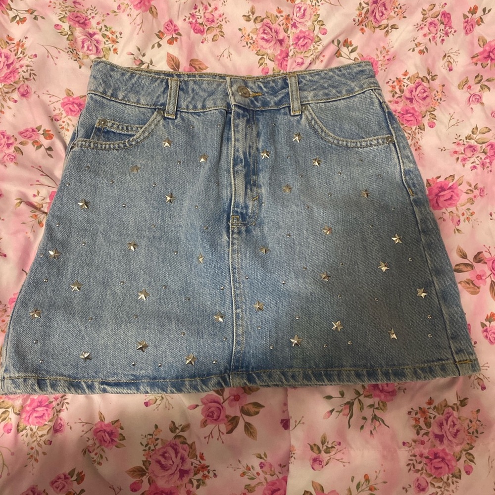 Small size 4 topshop moto studded embellished silver star denim mini skirt